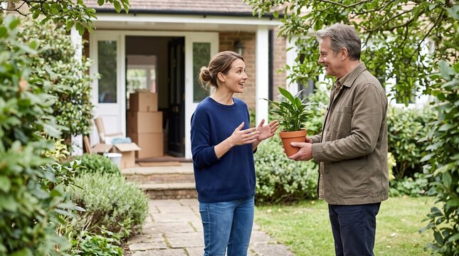 Friendly Neighbor Welcoming New Homeowner With Potted Plant