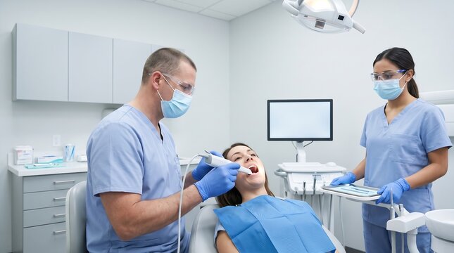 Dentist Scanning Female Patient Teeth with Intraoral Scanner