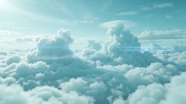 Flight through fluffy white clouds in blue sky, representing freedom, journey, aviation, dream, heaven, atmosphere, altitude, exploration, calm, and height