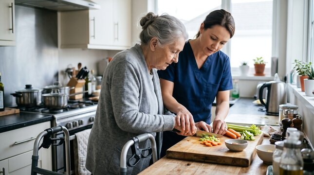 Caregiver Assisting Senior Woman Cooking in Kitchen