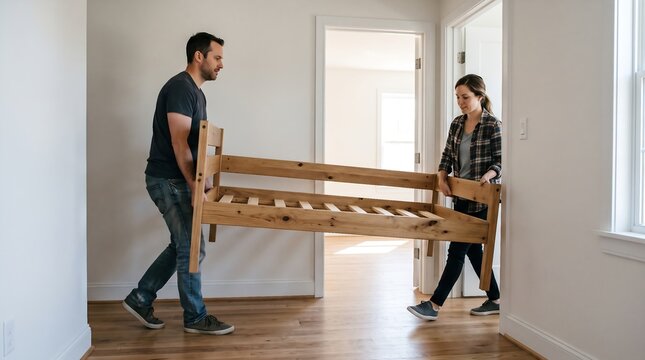Couple Carrying Wooden Bed Frame into New Home