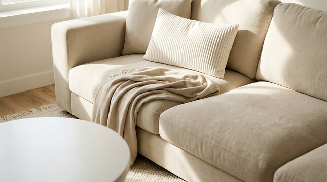 Modern beige sectional sofa with folded blanket and cushions on cozy