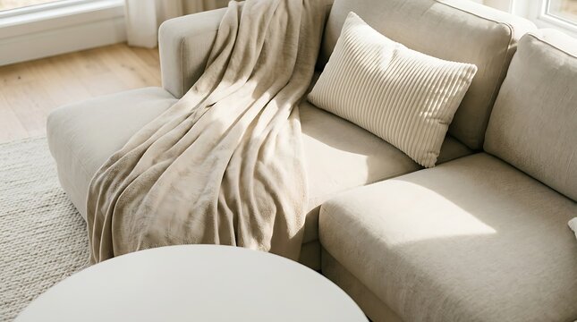 Modern beige sofa draped with knitted throw blanket on light wooden
