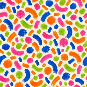Playful hand-painted abstract pattern of bright pink, electric blue, orange and lime green brush marks, curved strokes and stamped dots on white paper, creating a rhythmic colorful tactile background
