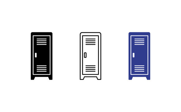 Minimalist locker icon set, metal gym storage cabinets in black and blue, school locker symbols for organization and security