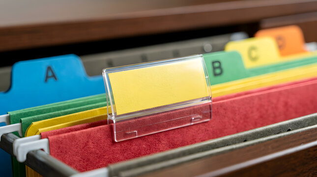 Close up of colorful hanging file folders in a filing cabinet drawer organized alphabetically.