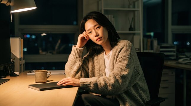 Generative AI, Tired Professional Woman Sitting at an Office Desk at Night