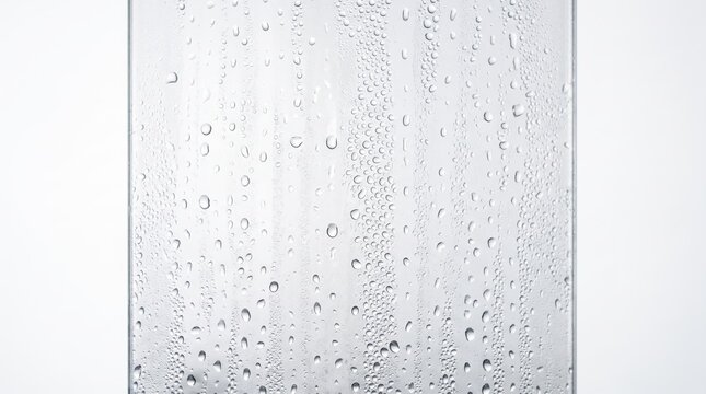 Condensation water droplets on glass surface close-up, fresh raindrops on window pane, morning dew texture, transparent liquid drops on cold clear background, nature moisture