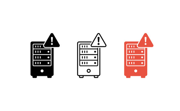 Network server warning icons, three technical alert symbols in black and red, computer hardware error signs for system administration
