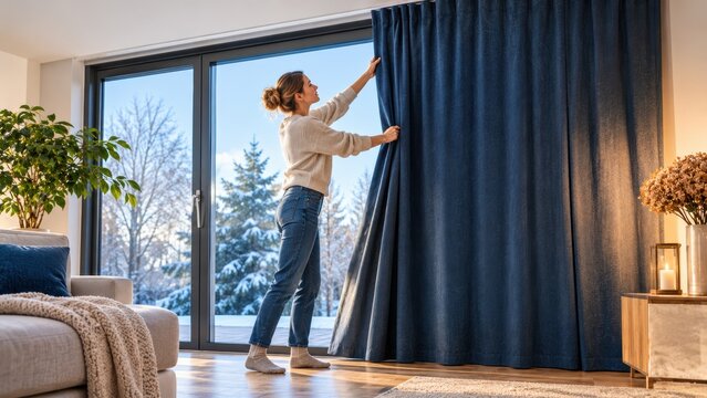 Woman Closing Heavy Thermal Curtains Across Patio Door in Winter