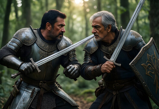 Conflict and rivalry, two medieval knights in armor facing each other with swords drawn in a forest for a historical battle or fantasy storytelling