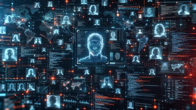 Futuristic cybersecurity dashboard with anonymous synthetic face thumbnails, interconnected biometric scan windows, world maps and flowing data in a layered surveillance interface.