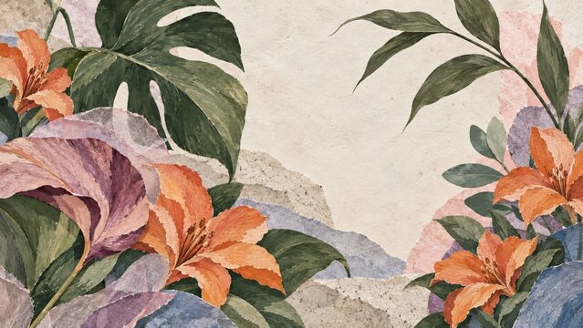 Horizontal botanical paper collage with peach lilies, a violet trumpet flower and deep green tropical leaves surrounding cream copy space, enriched by layered lavender, blue and pink handmade textures
