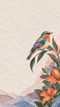 Small teal and orange songbird perched on a leafy branch above orange lilies and pastel layered hills, rendered as a richly textured botanical paper collage with open ivory space for text or design
