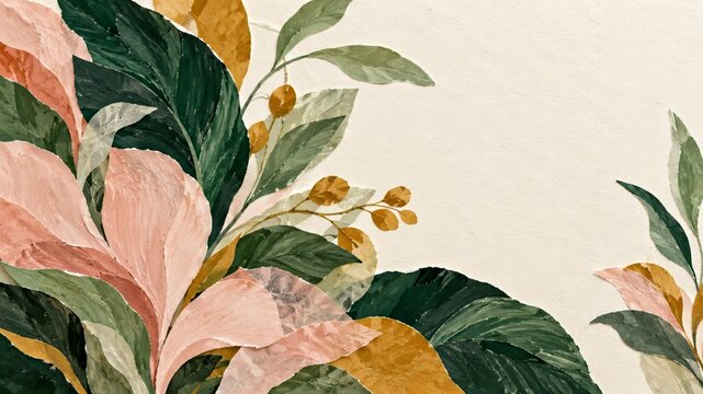 Textured tropical botanical collage with green monstera leaves, blush pink petal shapes, sage foliage and mustard seed clusters framing generous ivory copy space in a layered handmade paper style