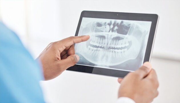  Hands, dentist and tablet screen for x ray, teeth diagnosis or plan for healthcare treatment 