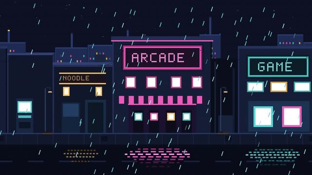 Torrential midnight rain washes over a retro Tokyo gaming district illuminated by flickering neon signs, casting colorful reflections across wet pavement puddles as distant cyber skyscrapers fade into