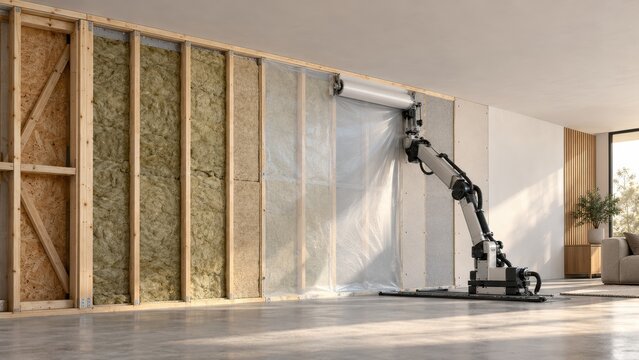 Robotic Arm Applying Airtight Membrane to Insulated Timber Wall