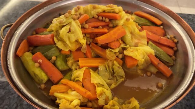 Braised cabbage with carrots and zucchini, tender stew, lightly seasoned, healthy vegetarian dish cooked slowly until very soft and tender, perfect as a main course and very tasty