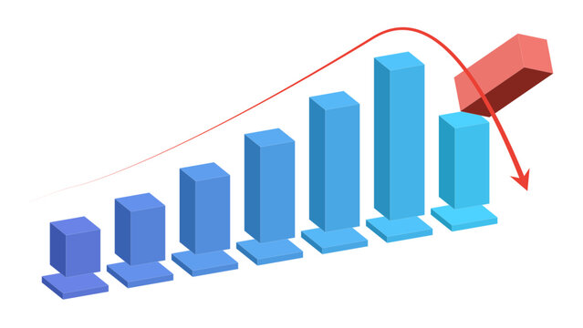 3D isometric blue bar chart with red arrow peaking and falling down, broken red top block showing market decline, recession and financial crisis concept, isolated vector