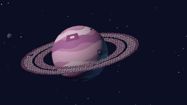 A colossal rose-tinted gas world rotates majestically in interstellar isolation, framed by wide crystalline rings and drifting planetary debris amidst an endless starry abyss.