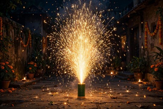 Diwali Fountain Firework Anar Erupting Golden Sparks