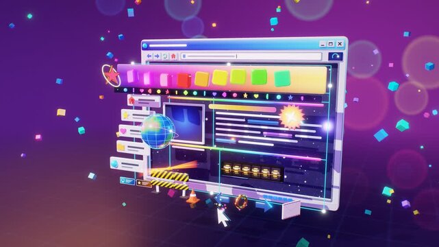 3D retro 90s web page browser window exploding into floating layers spinning globe under construction sign