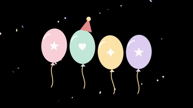 Pastel balloons bounce rhythmically with festive curly strings, confetti particles, and a small party hat celebrating New Year