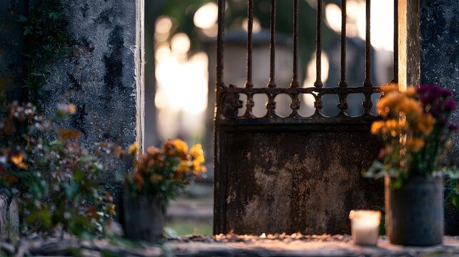 A weathered iron gate in a cemetery framed by stone walls  with potted flowers and a lit candle in warm sunlight