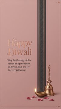 Elegant Diwali festival greeting featuring bronze temple bell and lit diya lamp on dusty rose background with ornaments.