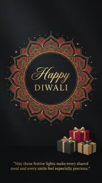 Luxury black diwali backdrop featuring gold and red mandala design with gift boxes and elegant greeting text for social.