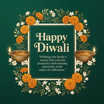 Green diwali greeting card features orange marigold flower wreath and traditional oil lamps for festive holiday wishes.