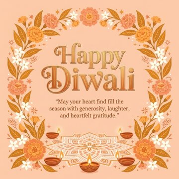 Soft peach diwali greeting template adorned with floral border frames and warm glowing lamps on central mandala graphic.