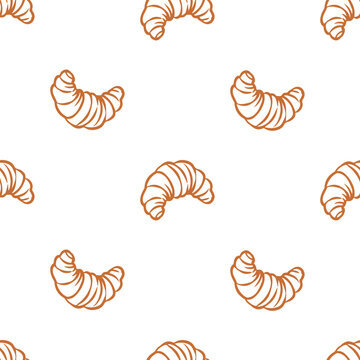 French Butter Croissant Bakery Seamless Pattern. Hand drawn golden brown croissant pastry repeat pattern on white background for cafe and breakfast design.