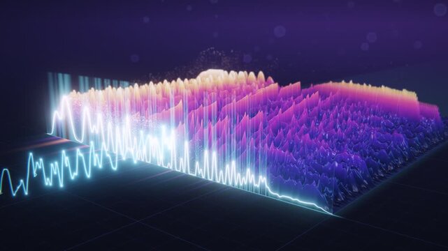 3D Audio Spectrogram Waterfall Terrain with Glowing Frequency Peaks and Sound Waveform