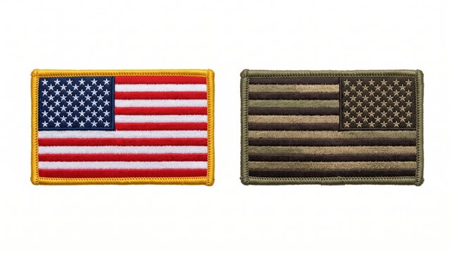Two rectangular embroidered patches featuring the united states flag in standard red, white, blue and muted olive drab tactical colors