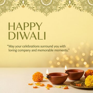 Happy Diwali festival greeting with traditional oil lamps and marigold flowers for social media holiday celebratory post.