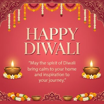 Diwali greeting card template featuring glowing oil lamps with marigold flower accents for traditional indian celebration.