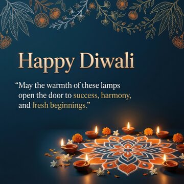 Digital diwali greeting card design with glowing lamps and colorful rangoli pattern background for success and harmony.