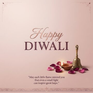 Minimalist diwali greeting card features terracotta oil lamp with brass bell and rose petals on pale pink textured base.