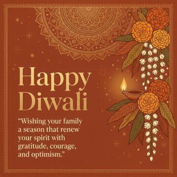 Traditional diwali celebration greeting card with golden mandala background marigold flowers and glowing oil lamp design.