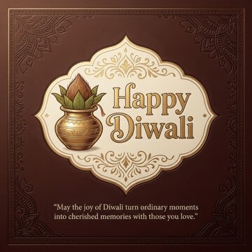 Diwali festival card with ornate kalash vessel and intricate brown patterns for cultural celebration message marketing.