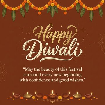 Diwali greeting card with marigold garland and glowing diyas on brown background for festive season social media post.