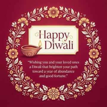 Diwali holiday card with traditional diya lamp and floral wreath on deep red background for seasonal greeting stationery.