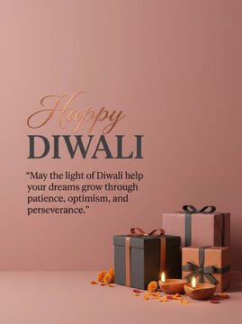 Happy diwali greeting card with wrapped gift boxes and lit oil lamps on muted rose background for seasonal festive gift.