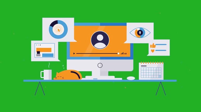 Flat vector illustration of a digital workspace with a computer monitor, data analytics windows, and a sleeping cat on a green background