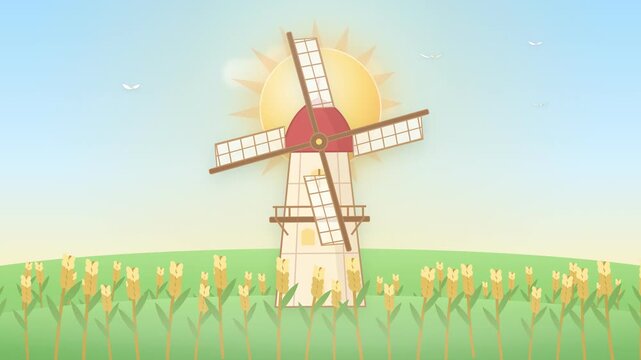 Peaceful morning landscape animation with rustic windmill, rising sun and golden wheat field loop. Charming countryside windmill at sunrise seamless background loop