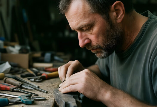 Craftsmanship and manual labor, skilled artisan working with wood in a workshop, focus and precision in traditional woodworking and furniture making