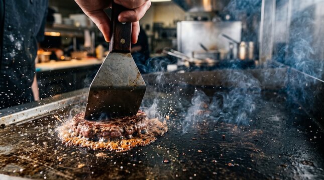 Chef pressing a juicy beef patty on a hot commercial kitchen griddle.