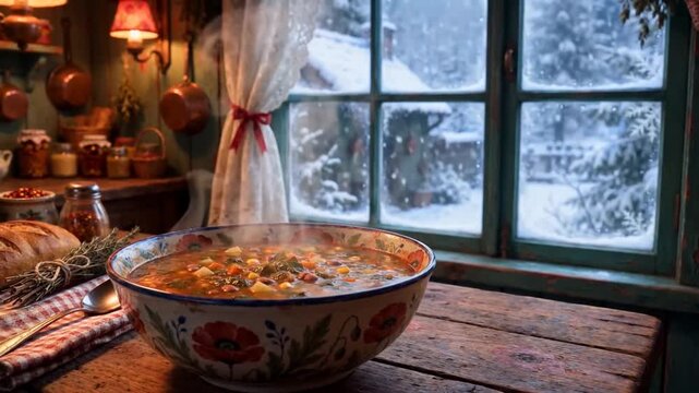 Cozy winter soup on rustic wooden table, steaming hot vegetable stew in rustic kitchen, snowy window backdrop during winter season